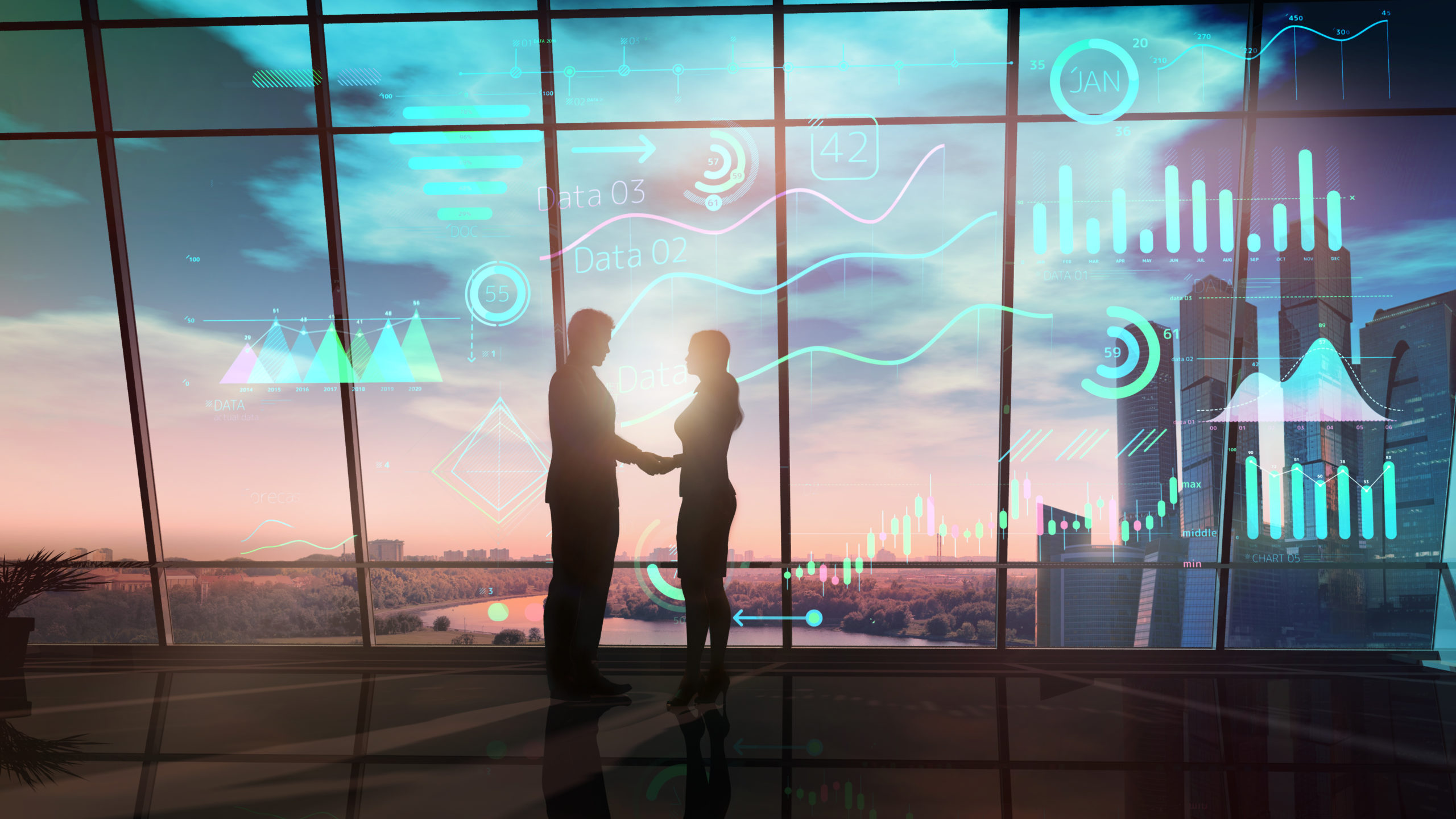 Businessmen shake hands in office on infographic background.